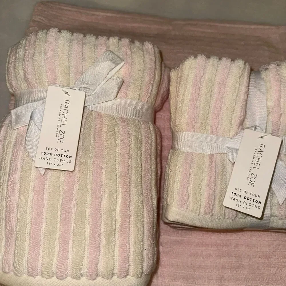 Rachel Zoe Bath Towel Set Cream Light Pink Stripe and Solids Pattern 8 Piece NWT